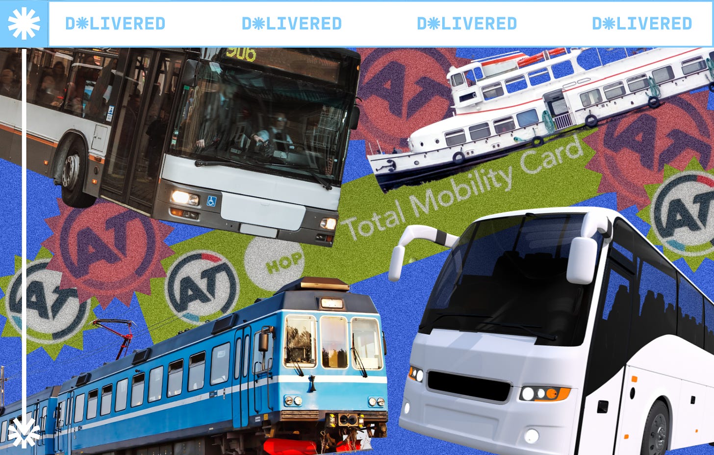 A collage of buses, trains and ferrys and Total Mobility logos against a blue background