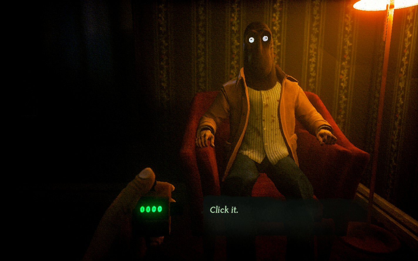 Video game screenshot of a hand holding a clicker. The counter shows zero clicks. A hooded man sits in a chair nearby.