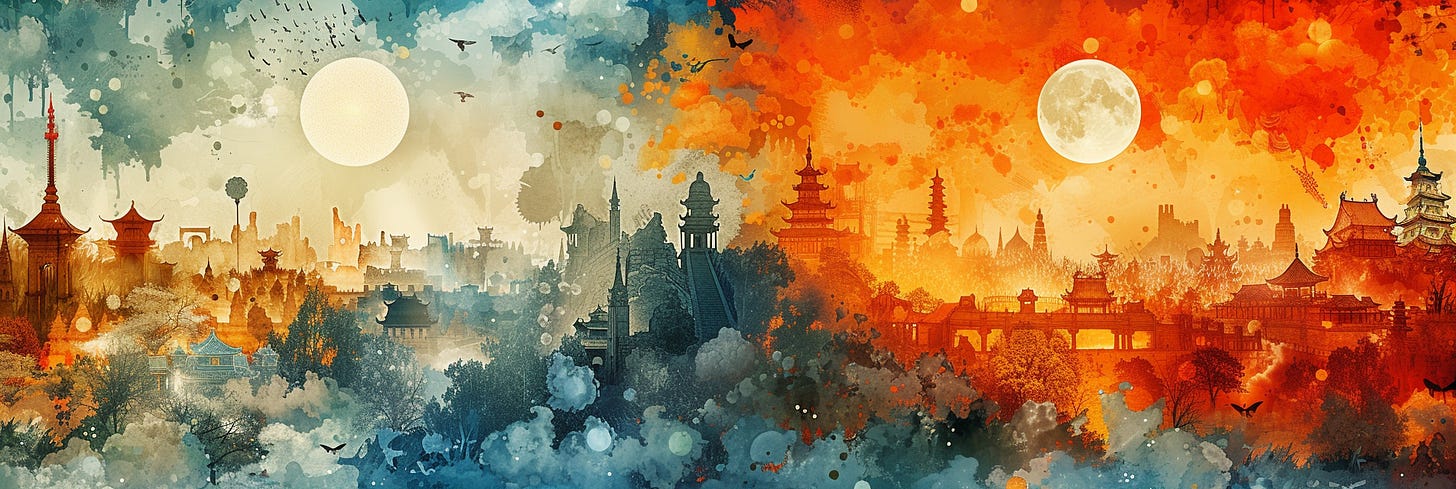  The artwork presents a sprawling panoramic collage that beautifully transitions from day to night. It begins with a tranquil daytime scene characterized by softer blue and earthy hues, showcasing a cityscape adorned with traditional Chinese architecture. As we move to the right, the colors become rich with warm oranges and reds, suggesting the vibrant energy of an evening festival, possibly the Spring Festival, with subtle hints of fireworks in the night sky. The transition from day to night in the scene is marked by the presence of both the sun and the moon, adding a mystical quality to the landscape. Birds in flight and drifting clouds add a dynamic element to the composition, while the traditional buildings stand as a testament to the rich cultural heritage. This digital artwork fuses traditional Chinese elements with modern artistic techniques, evoking a sense of timelessness and celebration.