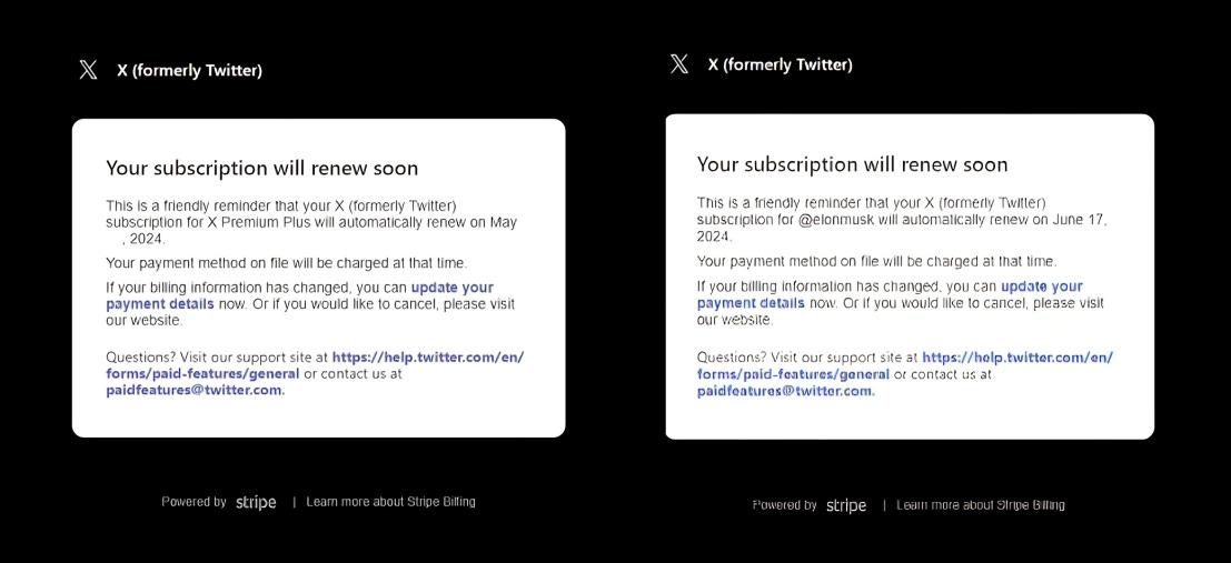 Screenshot of the renewal notifications for the $16 Premium Plus plan, with the renewal date redacted, and the $4 Elon Musk subscription on X.com showing renewal is coming up in days.