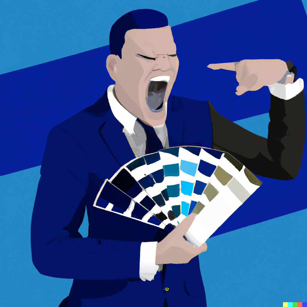 An illustration of an angry man in a suit holding a collection of color swatches. The man is standing in front of a blue striped background.
