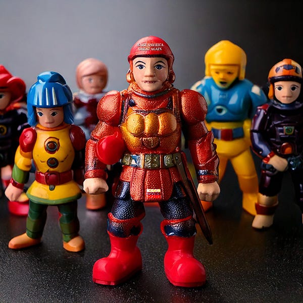 Deplorable toy line with the lead deplorable wearing a red suit and a MAGA hat and a Russian flag on his uniform