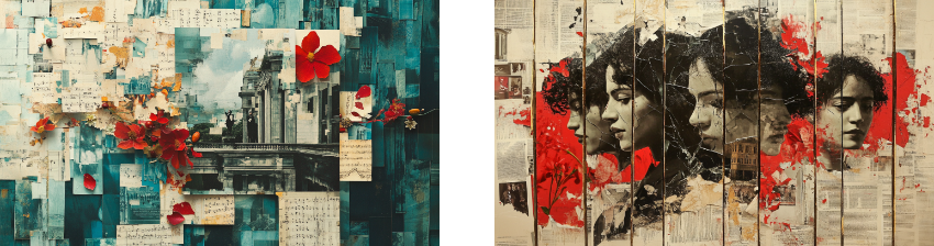 A split image of two mixed-media artworks: on the left, a collage featuring architectural elements, handwritten notes, and red flowers against a blue-green background, creating a layered, textured effect; on the right, a mural-style artwork with portraits of four people in profile, painted over pages of text with bold red accents, blending realism and abstract elements.