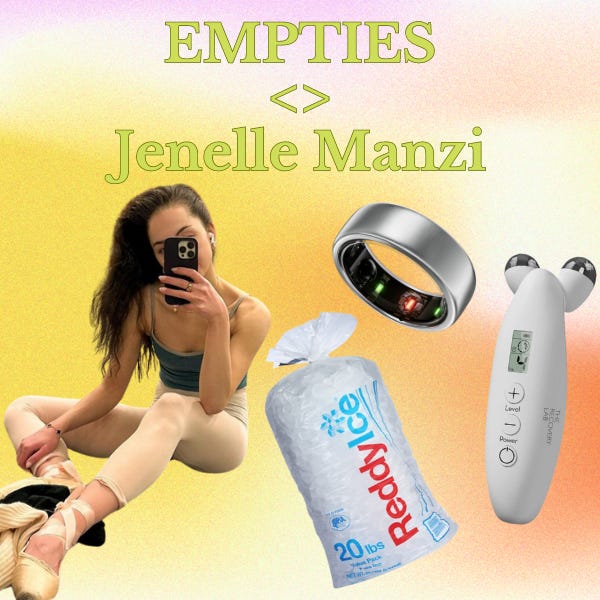 Jenelle Manzi, a smart ring, a bag of ice, and a face sculpting tool on a gradient background