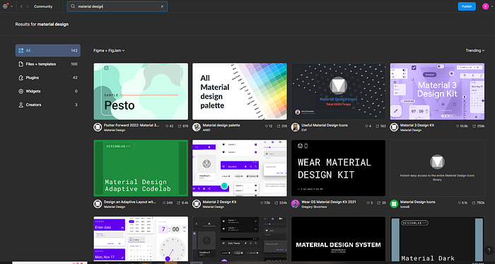 The community tab in Figma, searching under “Material Design”. 142 Community plugins are available, including some directly from Google’s Material Design team.