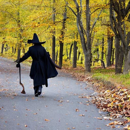 A person dressed in all black and a pointy witches had holds a broom-like stick as they walk down a cement path that's lined by yellowing trees in fall.