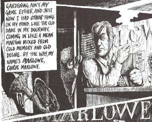Panel from Martin Rowson's The Waste Land showing a man smoking at a bar with a dry organic-looking brass tuba behind him