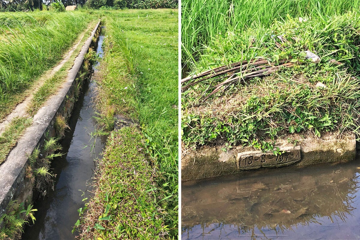 (Left) A subak channel. (Right) Date engraved on a channel.