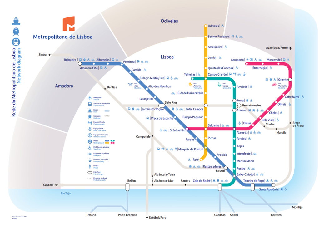 Map of metro lines and ferry connections in the city of Lisbon