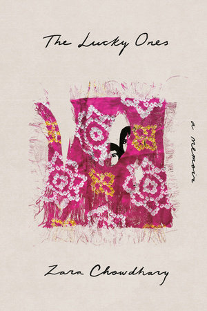 Book cover for "The Lucky Ones" depicts a torn piece of colorful fabric with the illustrated faces of two young girls peering out from behind it.