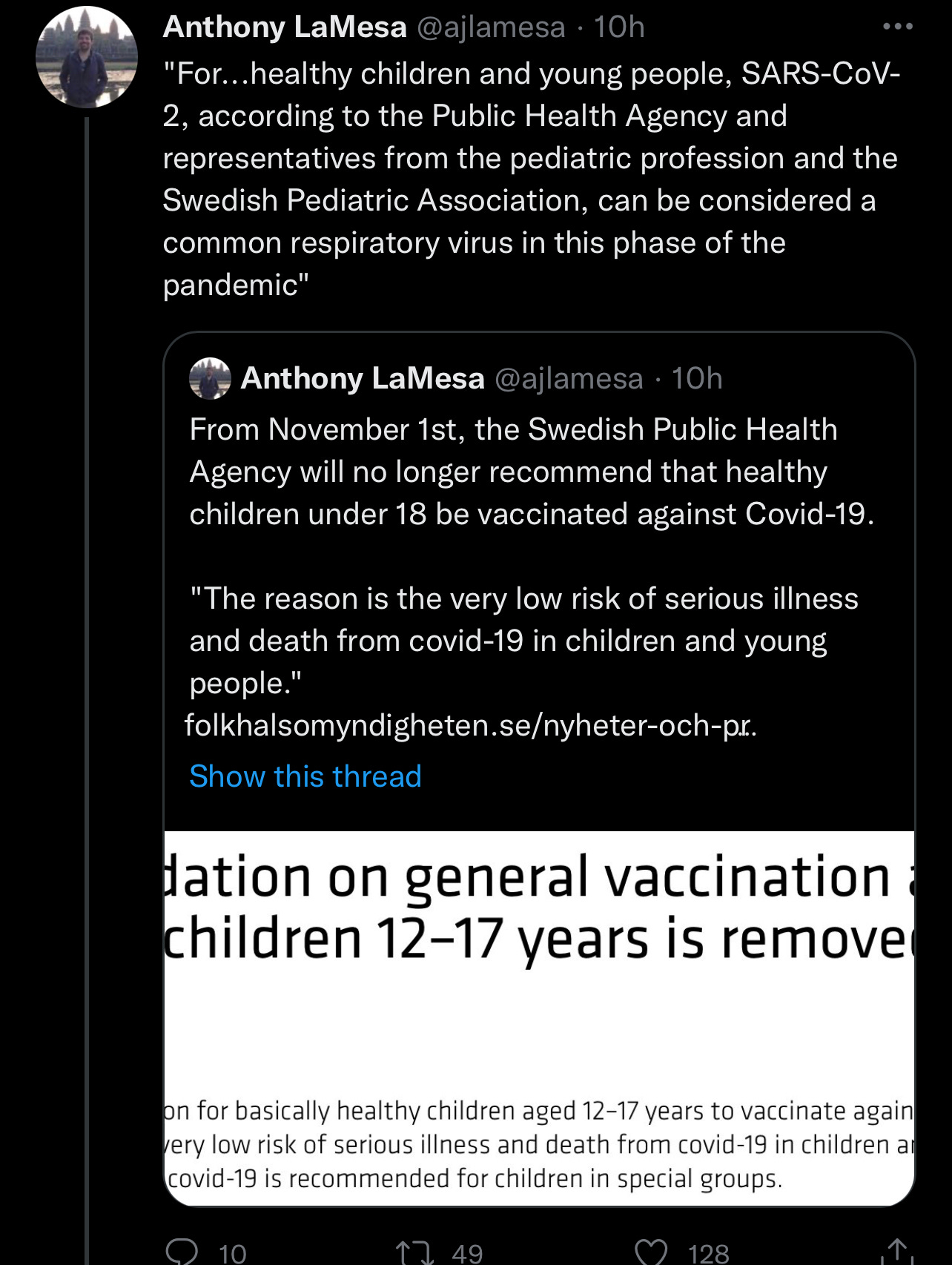 Anthony LaMesa posts a news article on how Sweden is no longer vaccinating children against COVID