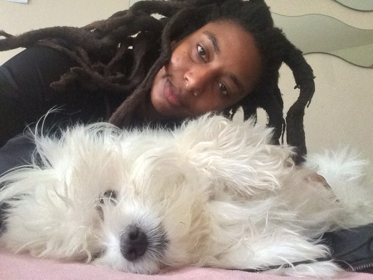 beautiful black woman with her dog in an abusive family household
