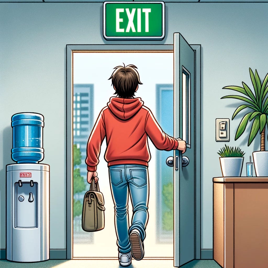 A cartoon of an office worker walking out the door of an office building