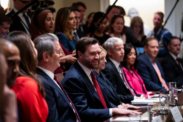 Vice President JD Vance with advisers to President Trump at a cabinet meeting at the White House on Wednesday.