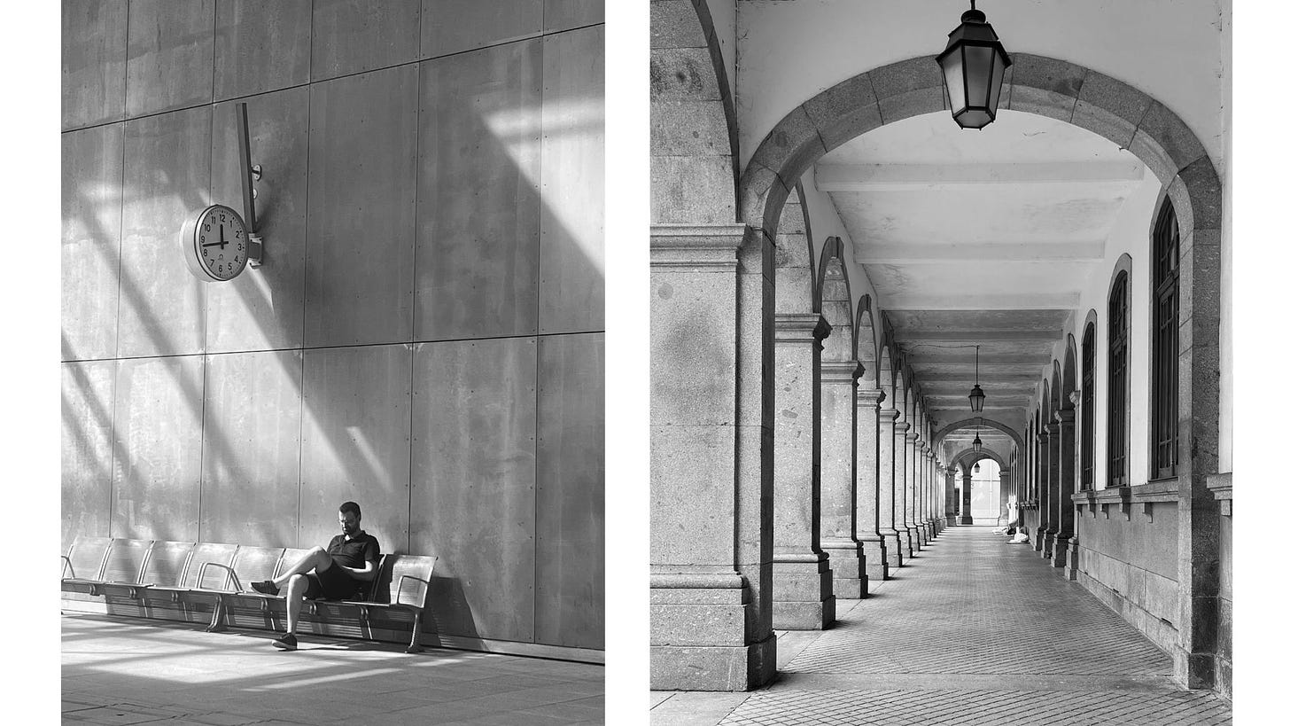 Photo of a man sitting on a bench at Braga train station, next to a photo of an empty walkway