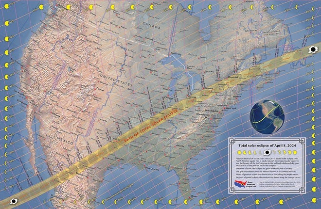 A total solar eclipse will pass through the US from Texas to Maine, for the first time since 2017 (from greatamericaneclipse.com).