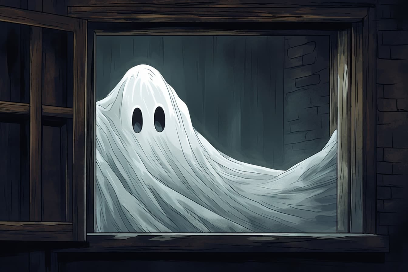 Graphic novel illustration of a friendly ghost peeking through a window