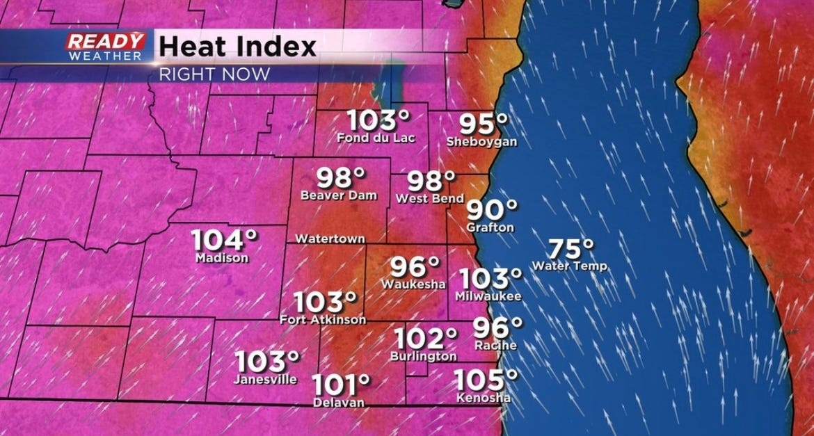 Heat inde temperature map showing mostly high 90s and low 100s temperatures across south and eastern Wisconsin