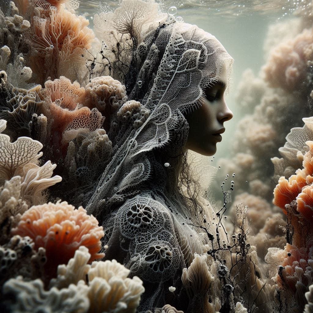 inside clear water ; tiltshift/ 5d angle glass embedded Carla caves / Broken into fragments/ pieces Swajili woman in traditional garb with lace mycelium/ her house is a large coral plant underwater / olive,ivory, chartrues, lace made of black water in resin/ love. coral orange, pink, cream, olive address/ reverberating waves/ water in resin verdigris/ In the style of Michael Parkes. black etching/ black linework/ 