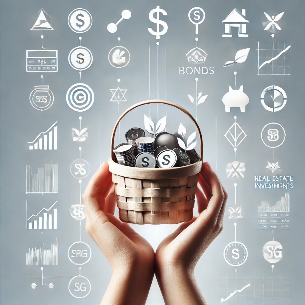 A minimalistic image representing the concept of diversifying investments. The image features a person holding multiple baskets, each containing different types of investments, like stocks, bonds, and real estate symbols. The idea is to visually show the importance of not putting all your resources in one place. The scene is clean and modern, focusing on the visual representation without any text or written elements.