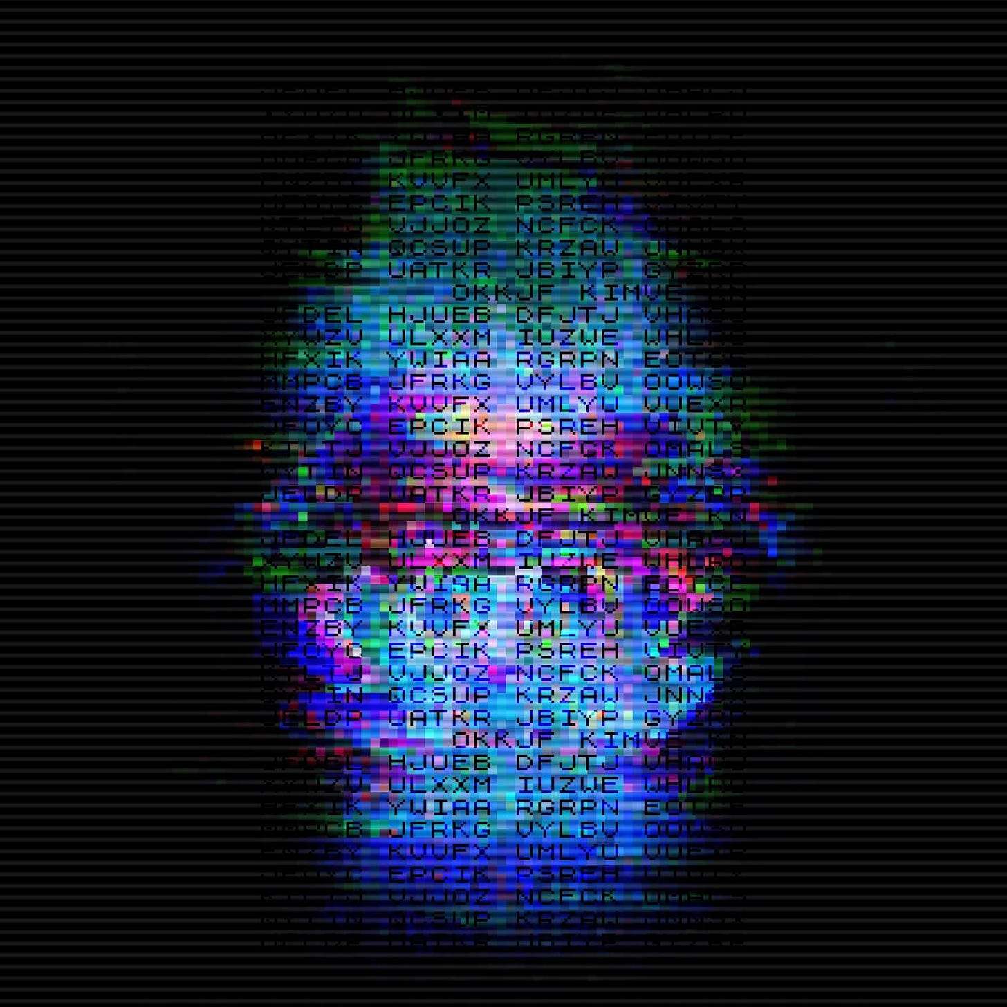 Black surrounding a burst of color in the center with computerized letters. Black surrounding a burst of color in the center with computerized letters.