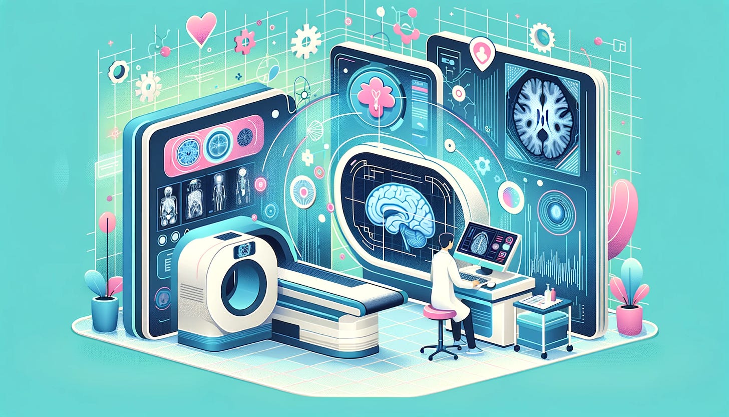 A modern, playful, and digitally styled vector art illustration depicting a futuristic radiology room. In the center, a radiologist analyzes a scan on a large, advanced AI interface that highlights areas of concern. The room is equipped with high-tech imaging machines and digital displays showing various medical data. The background is a pastel blue with abstract shapes and symbols like gears, brain icons, and digital waves, reflecting themes of AI integration in medical diagnostics. The style is vibrant flat colors with minimal shading and symmetrical design, featuring subtle shadows to maintain the flat aesthetic.