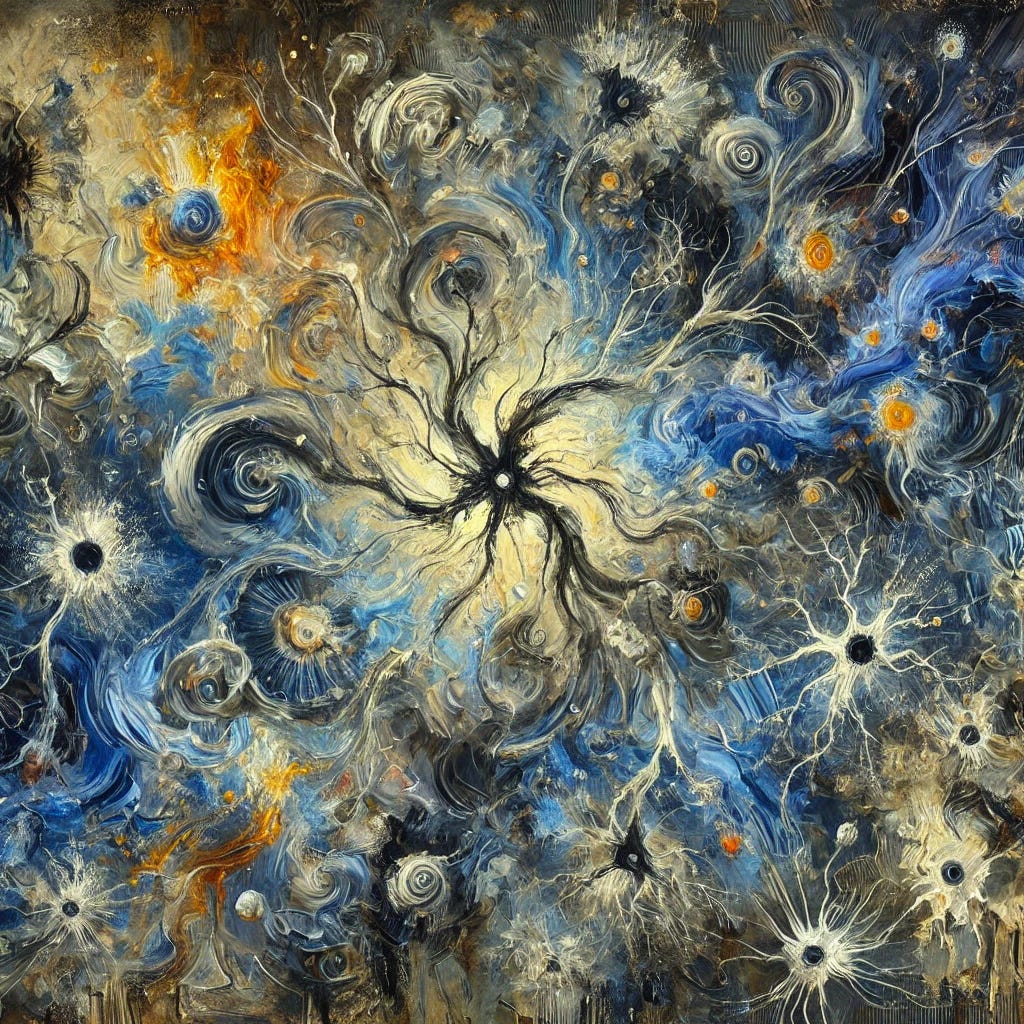 An abstract and impressionist-style oil painting with thick, expressive brushstrokes symbolizing the tension and complexity of scientific exploration and controversy around chemical compounds, vaccines, and neurodevelopment. The composition is dominated by swirling, interconnected forms that suggest the toxicity and biological impact of mercury, with deep blues, metallic grays, and toxic yellows representing mercury's danger. Interspersed are fragmented, glowing organic shapes, symbolizing neurons under attack, blended with dark shadows reflecting uncertainty and ethical conflict. The overall texture should be rich and layered, evoking depth and a sense of unresolved tension.