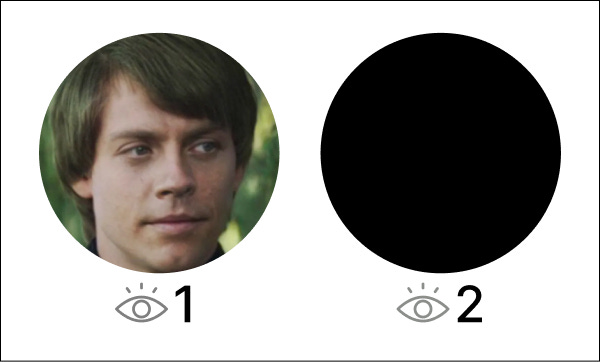 Picture of Luke Skywalker's face next to a black circle, with 1 and 2 under each respectively.