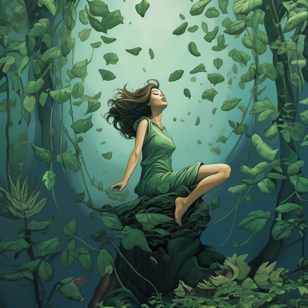 A woman sitting in a jungle surrounded by falling leaves
