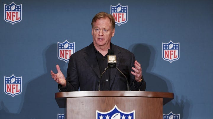 Goodell speaks to the media during the annual league meetings