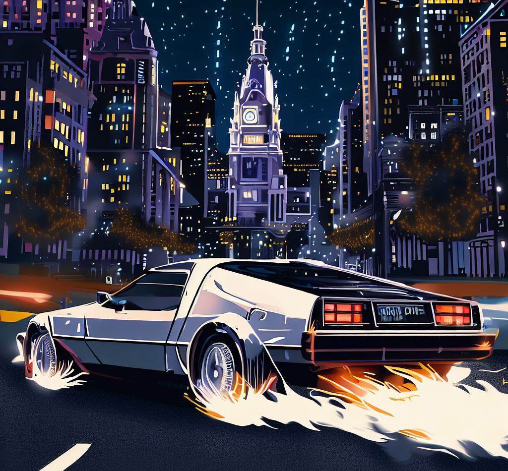 A Delorean races through the streets of downtown Philadelphia