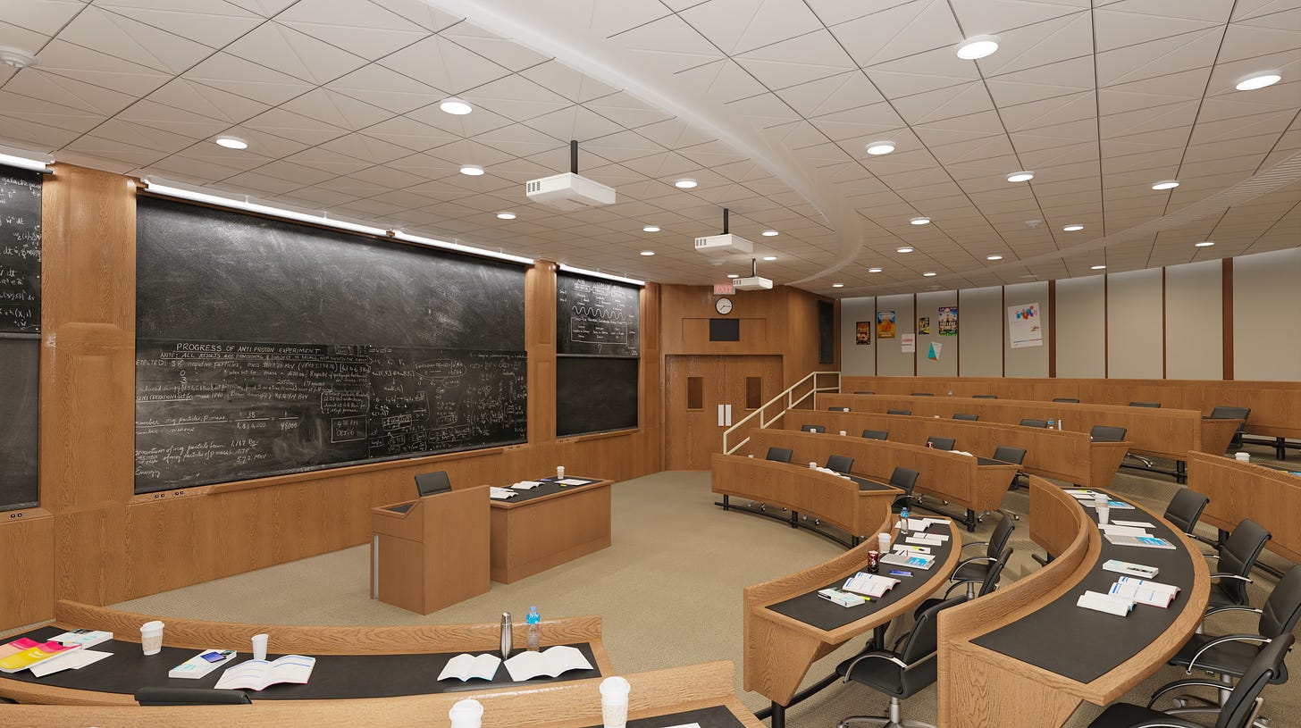 an empty lecture hall, with notes on the chalkboard