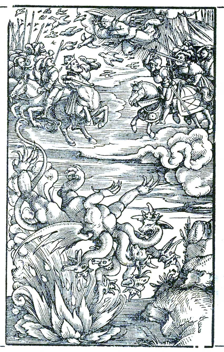 Beast & False Prophet Cast into Lake of Fire, from the Zwingli Bible (1531)