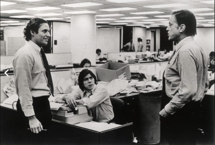 Bob Woodward (l), Carl Bernstein (m) en Ben Bradlee (r)
