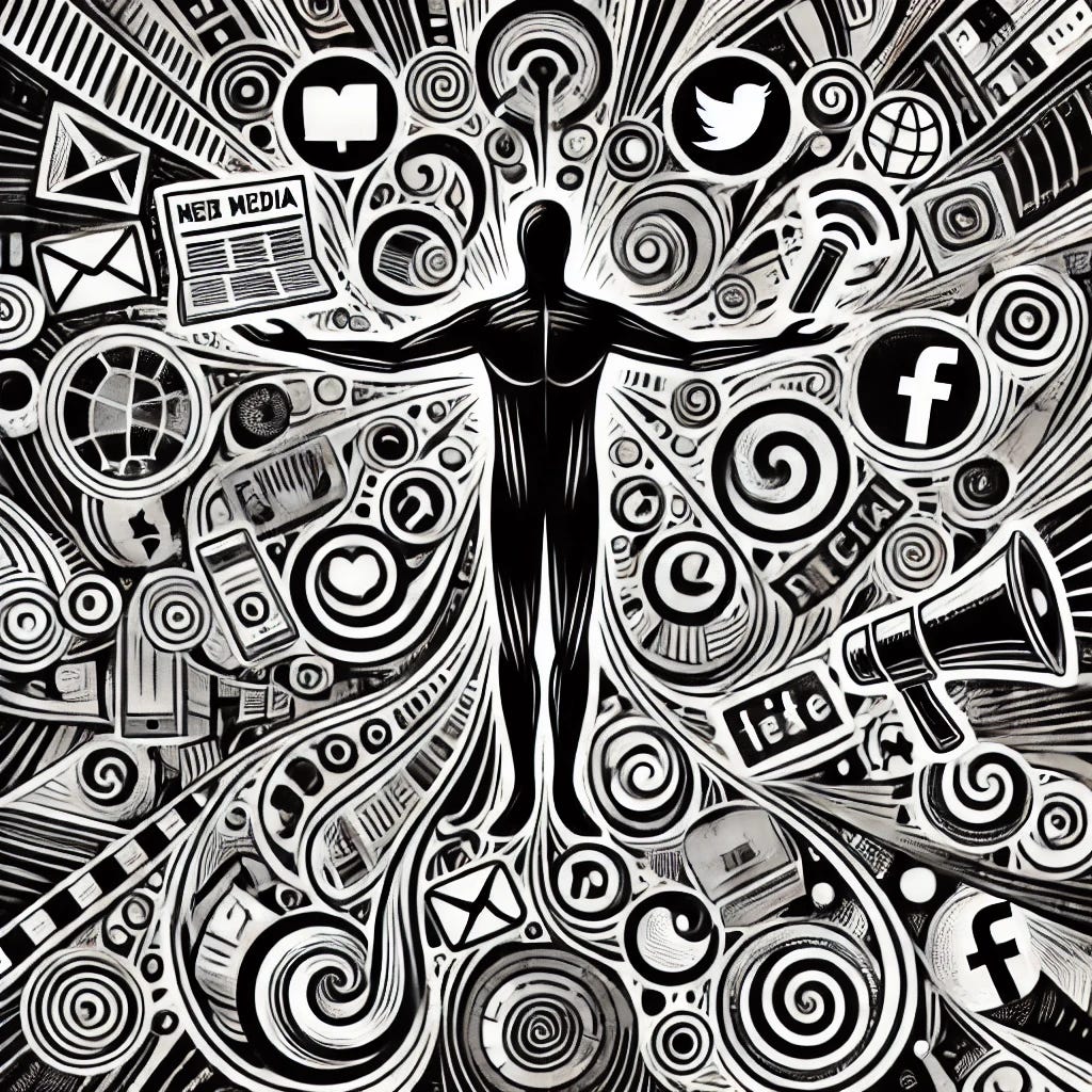 An abstract black and white illustration representing the influence of media and social media. In the center, a human figure stands with arms outstretched, holding traditional media symbols like newspapers and microphones in one hand and digital icons like social media logos in the other. Surrounding the figure, swirling lines and shapes depict the chaotic and interconnected nature of information flow. The overall style is abstract and thought-provoking, highlighting the complexity and impact of media in society.