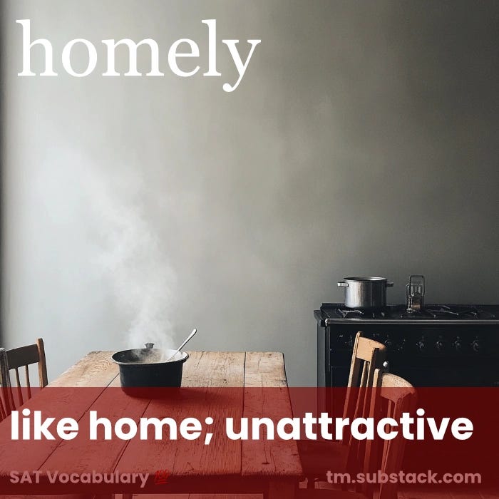 Photo of a simple, rustic kitchen with wooden furniture and a steaming pot of soup on the table; used to illustrate the SAT word 'homely'.