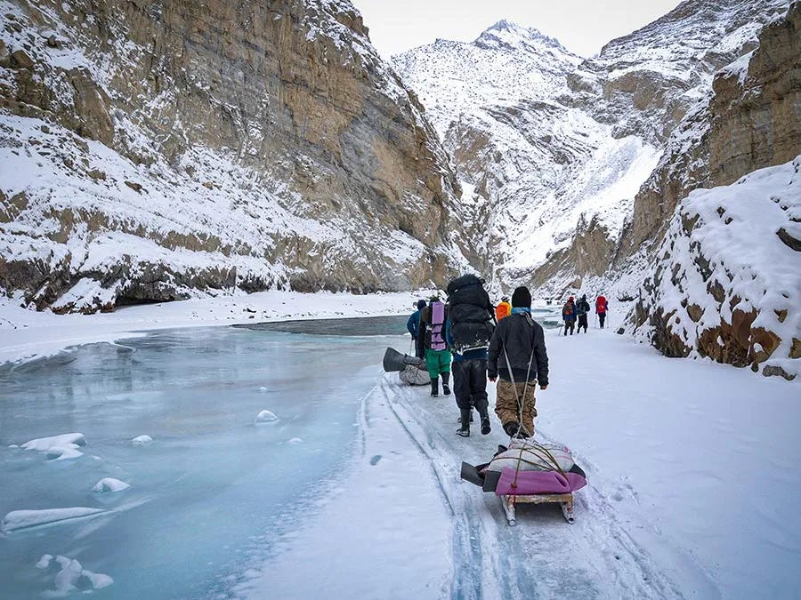 Mountain peaks and frozen river during Chadar Trek