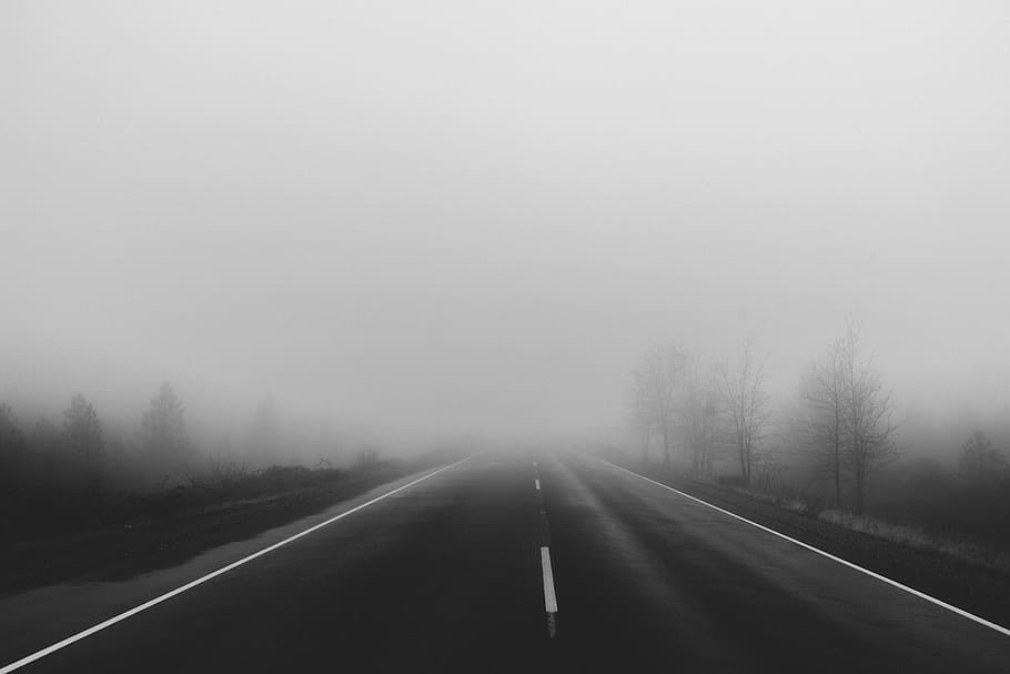 A road disappears into fog