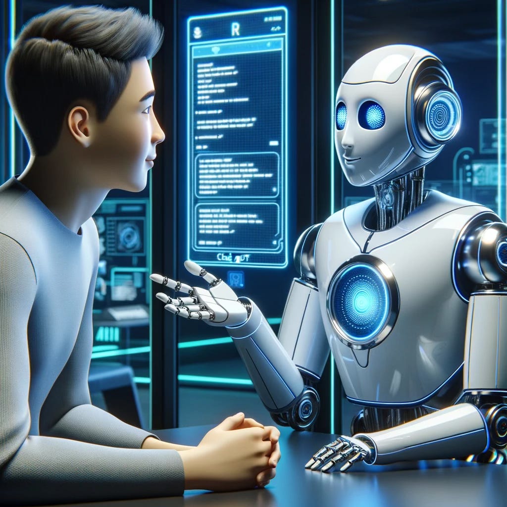 Image generated with DALl-E 3 and depicting a human and an android working together on coding