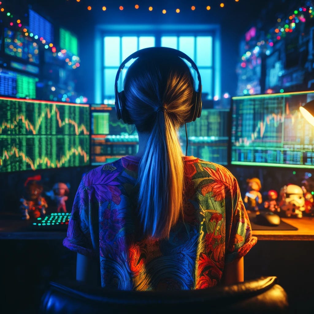 A young adult female trader, viewed from behind, sitting in a dimly lit room filled with LED lights. She is wearing headphones and a vibrant, casual t-shirt. The room has multiple monitors displaying financial trading screens and charts, reflecting the busy world of stock trading. Gaming paraphernalia like posters and figurines are scattered around, blending the elements of gaming and trading. Her hair is long and tied back in a ponytail, with screens and LEDs reflecting light around the room.