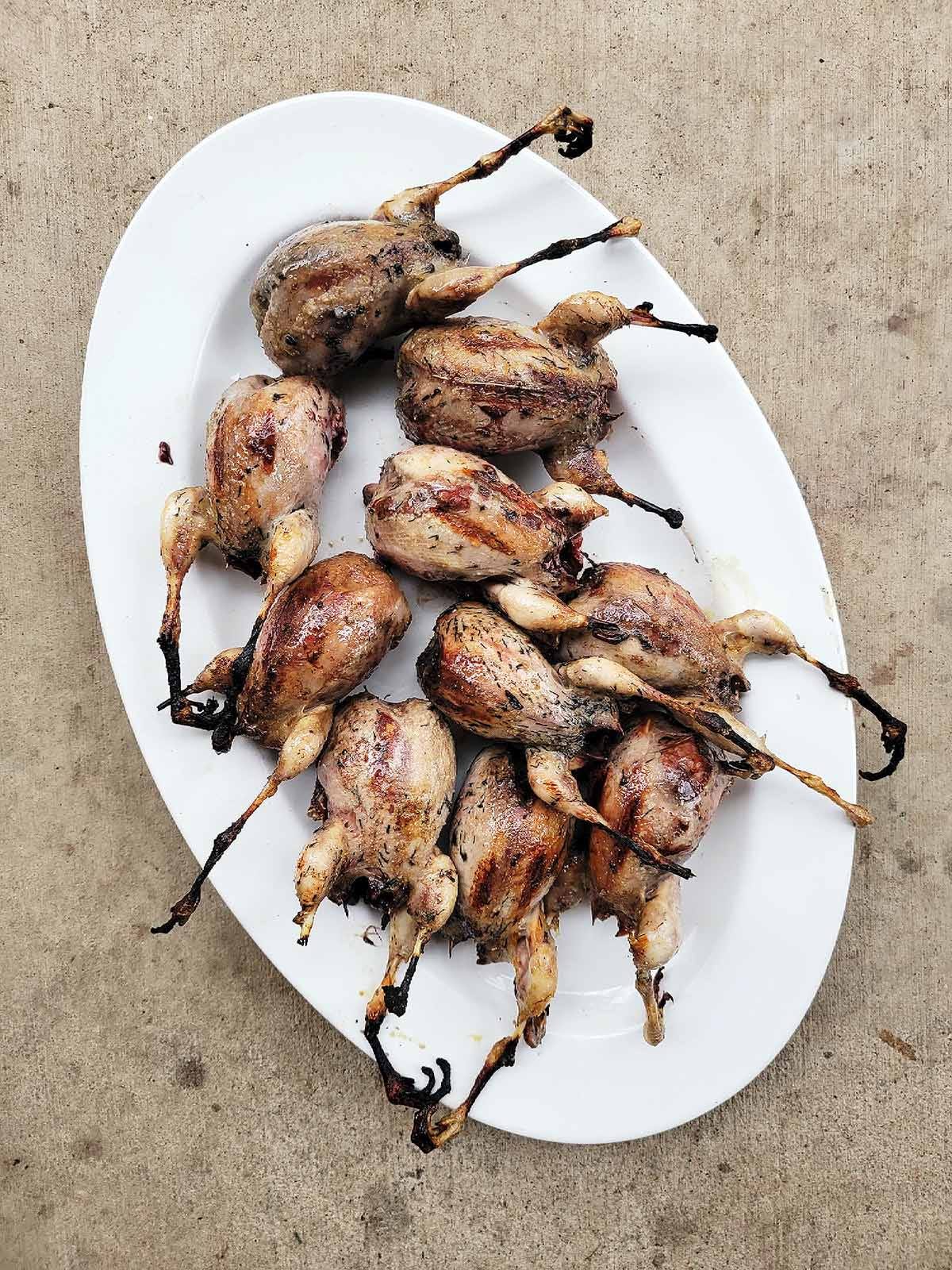 A platter of grilled woodcock.