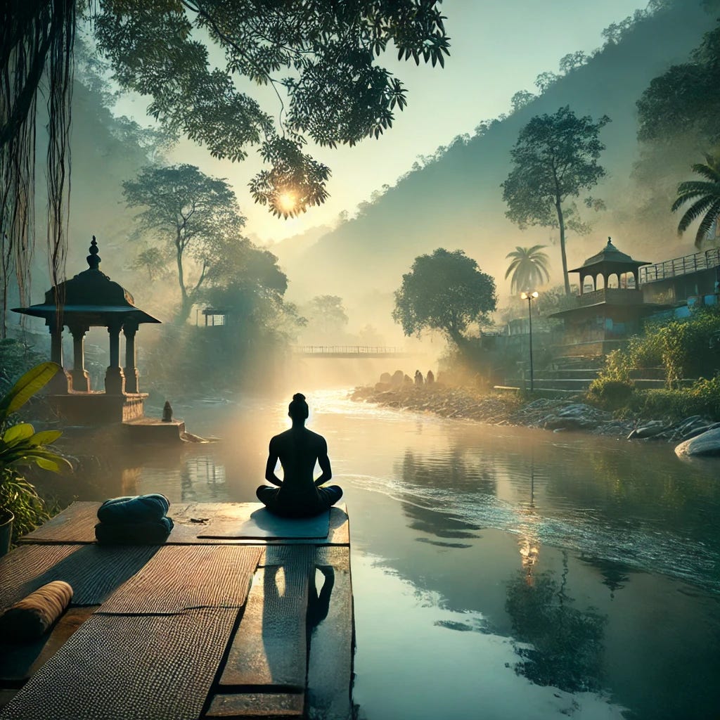 A serene and meditative setting that evokes the depth and tranquility of pranayama practice. The image features a calm, early morning scene at an ashram in Rishikesh, India, with the first light of dawn breaking through the mist. A lone yoga practitioner is seated in a cross-legged position on a mat, their posture straight, facing a river that flows gently nearby. The surrounding environment includes lush greenery, tall trees, and a distant view of the Himalayas. The atmosphere is peaceful, with soft light filtering through the trees and reflecting off the water, creating a harmonious and introspective mood. The image should capture the essence of spiritual practice and deep connection with nature.