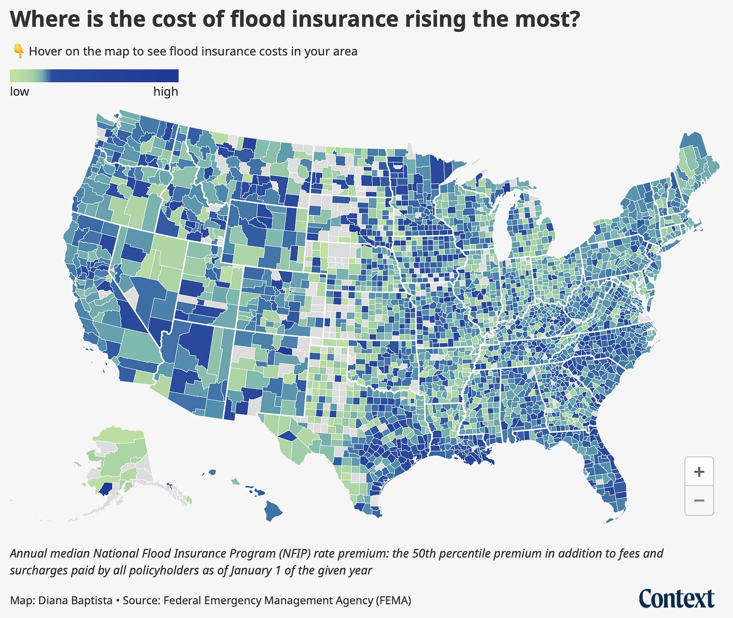 A map of the US showing where flood insurance rates are rising
