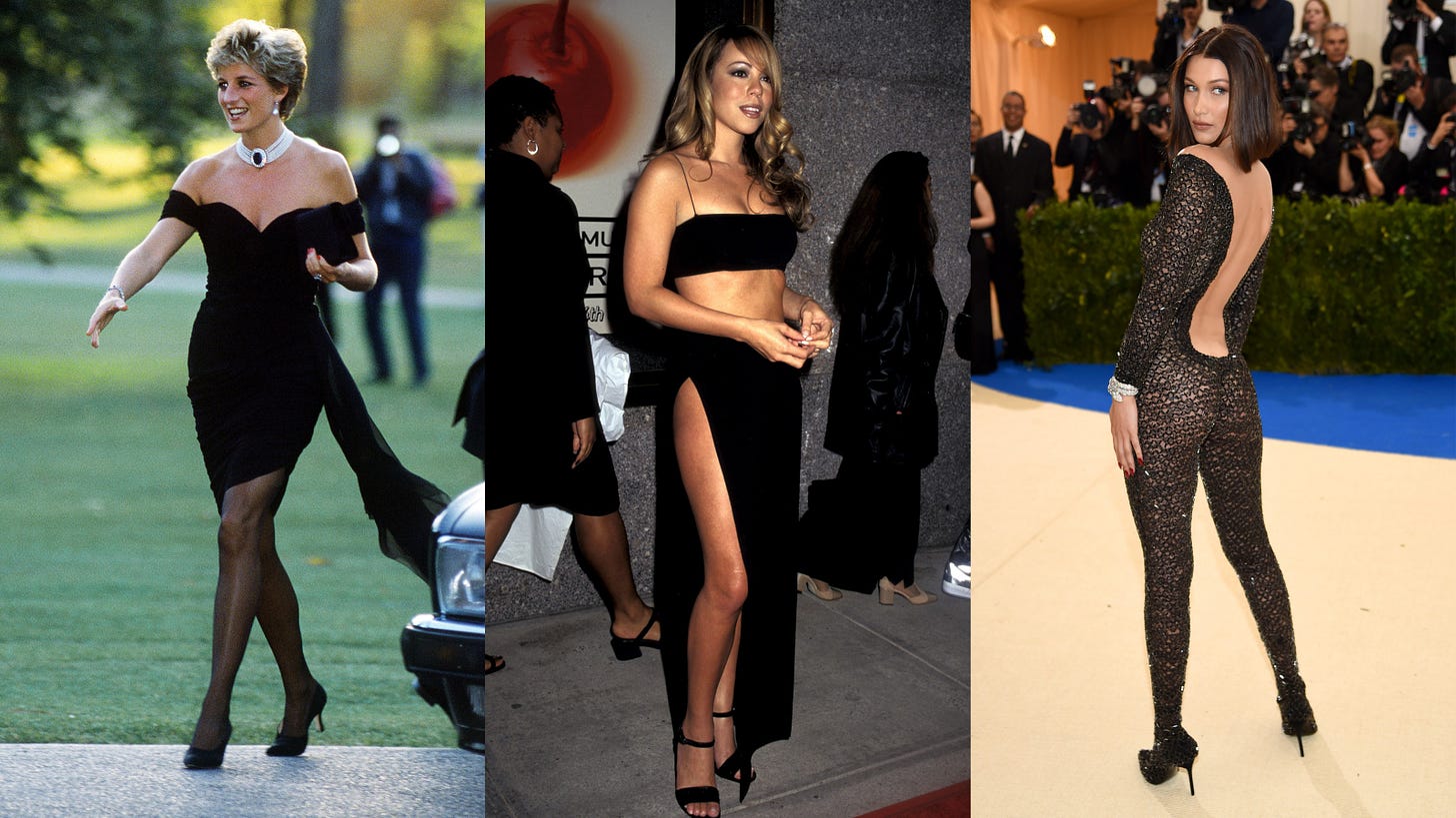 princess diana mariah carey and bella hadid wearing black revenge dresses