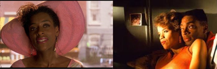 This diptych shows, on the left, the character of Jade (played by Joie Lee) from Spike Lee's 1989 film Do the Right Thing and, on the right, the character of Tina (played by Rosie Perez). Jade, wearing a pink summer hat, is Mookie's sister, while Tina, lying in bed and wrapped in Mookie's arms, is the mother of his son.