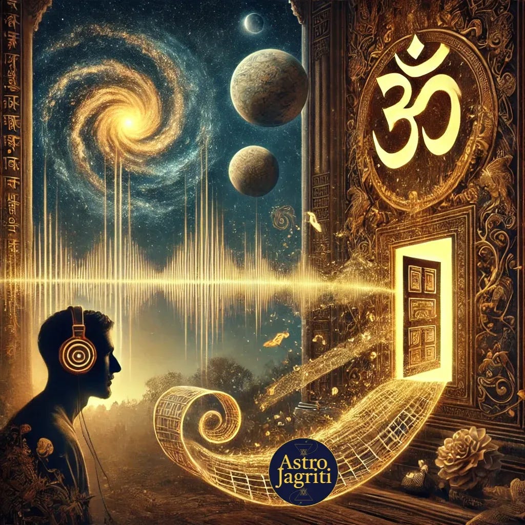 The image depicts a glowing mantra symbol radiating sound waves, with faint images of doors or windows fading into the background, symbolizing missed opportunities. The imagery integrates planetary orbits, serene nature, and a modern figure with headphones, representing the harmony of material success, spiritual bliss, and Vedic wisdom. This image is featured in an article titled “Overcoming Missed Opportunities: Ensuring Future Success and Inner Bliss,” authored by Anish Prasad and published on astrojagriti.substack.com