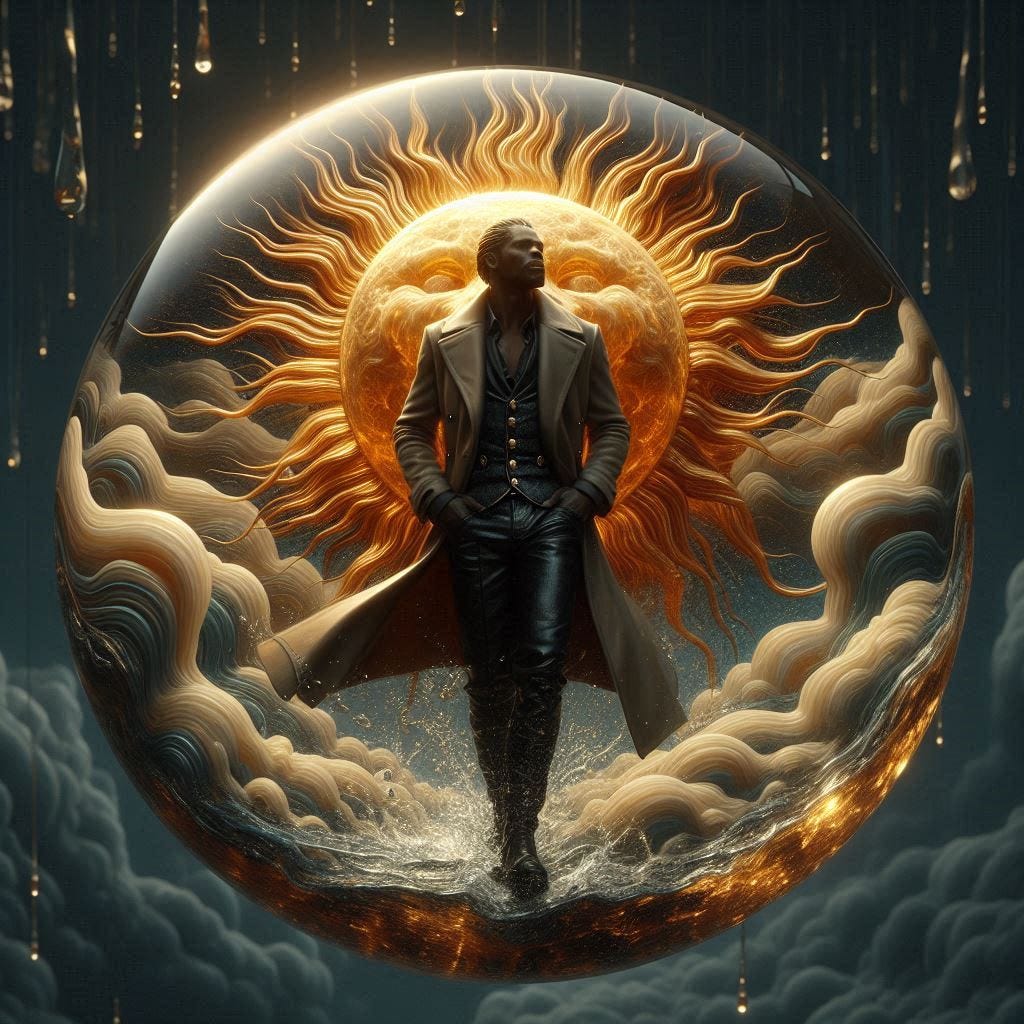 resin sun inside glass; tiltshift /flying at angles/ 8d angled glass embedded /beautiful, heroic, strong handsom black man/ velvet blonde, cream, ivory long coat/ black leather boots. water in resin/ ; he is at Monks mound at Cahokia / amber cream,tsunami full of fire/ reverberating waves. black hole in floor/ water in resin verdigris/ In the style of Michael Parkes. black etching/ black linework/ daytime sky/fluffy clouds 