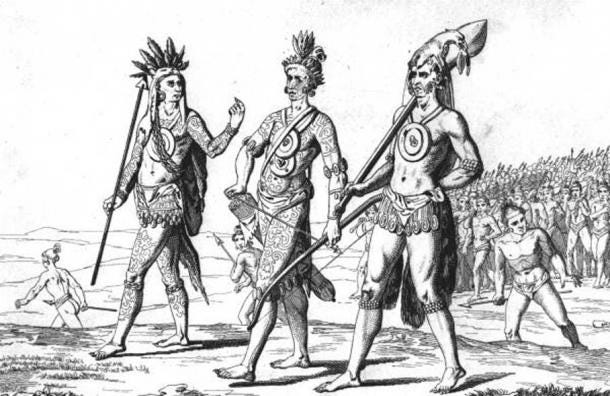 Guerreros timucua vistiendo gargantas metálicas en relieve 1562, Florida. Imagen representativa. (Dominio publico)