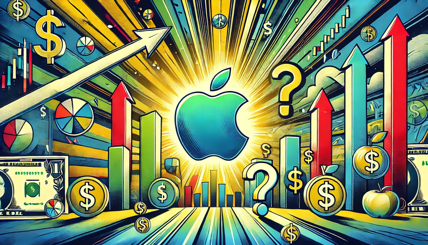 A vibrant, pop-art style illustration in 16:9 format. The scene features Apple's logo prominently at the center, shining brightly like a rising sun. Surrounding it are dynamic, upward-trending stock market arrows, symbolizing growth. In the background, stylized stock charts and dollar signs fill the space, reflecting excitement and financial momentum. To the side, a subtle question mark is integrated into the design, representing the element of caution or uncertainty. The colors are bold and energetic, with contrasting tones of green, yellow, and blue to emphasize both opportunity and potential hesitation.