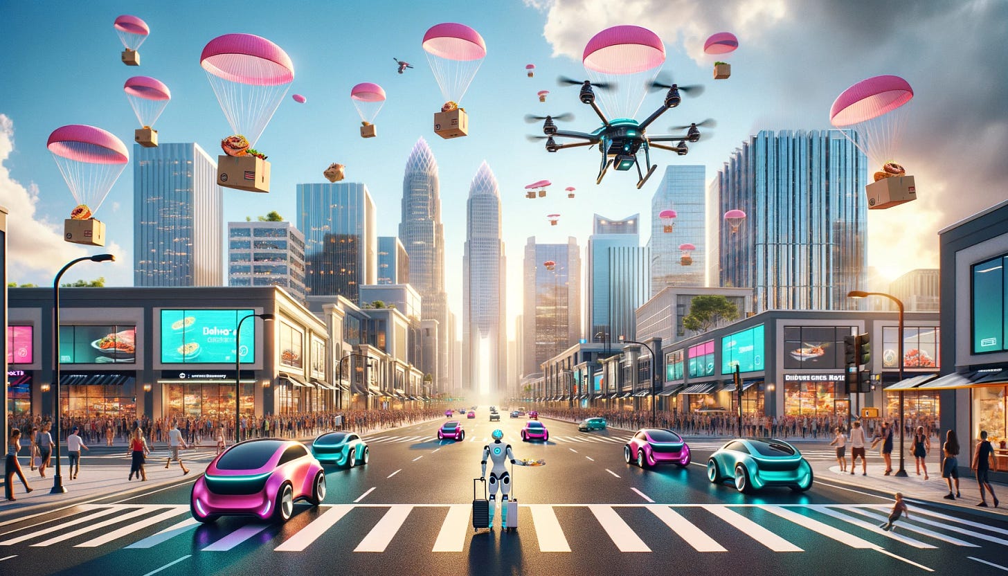 A bustling futuristic city scene with Charlotte at the center. The sky is alive with delivery drones, each one dropping packages attached to parachutes gently descending towards the ground. On the sidewalks, vivid pink robots are busy delivering food to eagerly waiting customers, seamlessly integrating into the pedestrian flow. The roads are dominated by sleek electric cars and advanced self-driving vehicles, moving smoothly in a choreographed dance of modern transportation. The city exudes a vibe of high-tech efficiency and innovation, with every element designed to showcase a future where technology enhances daily life.